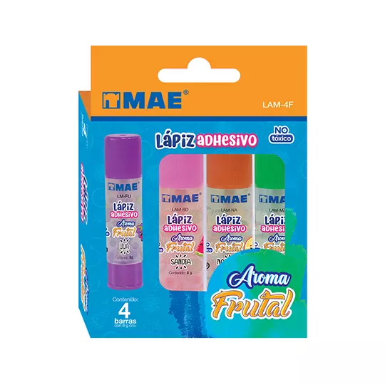 Lapiz adhesivo marca MAE transparente con aroma frutal, 4 pzas