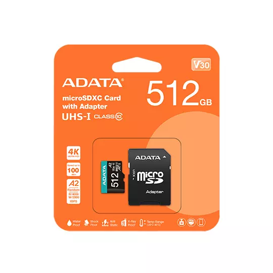MEMORIA FLASH ADATA PREMIER PRO, 512GB MICROSDXC UHS-I CLASE 10, CON ADAPTADO