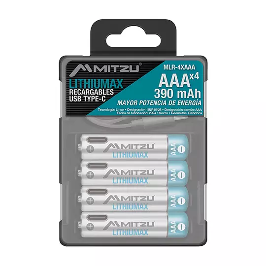 Pila recargable, litio MITZU Lithiumax AAA 1.5 Vcc de 390mAh,paquete con 4 pilas