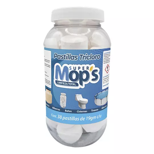 Pastillas tri-cloro SUPERMOPS, clorado ydesinfección de agua, bote 720 gm