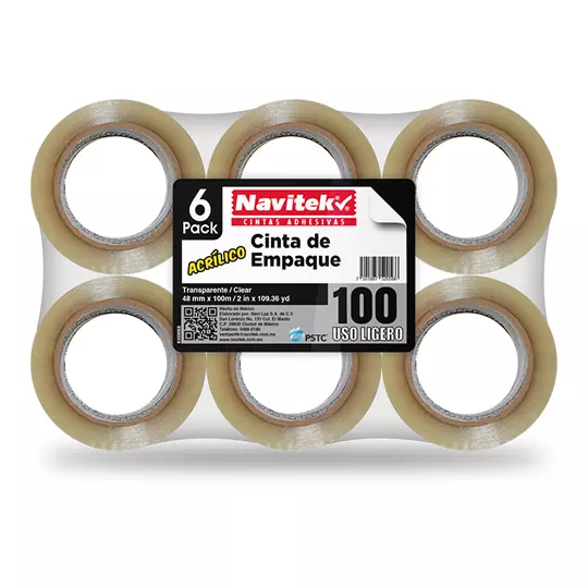 Cinta de empaque uso 100 Navitek transparente 48 mm x 100 m empaque con 6 pzas