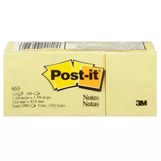 Notas adhesivas Mod. 653 Post-it amarillas 1.5x2 pulgadas, 12 blocks con 100 hoj