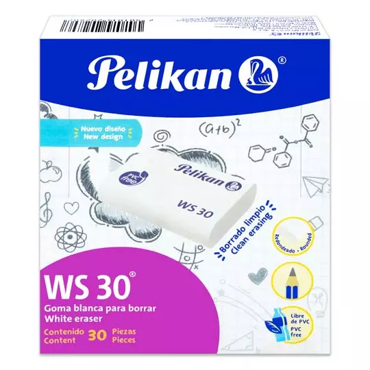 Goma Pelikan WS30 plástica blanca caja con 30 piezas