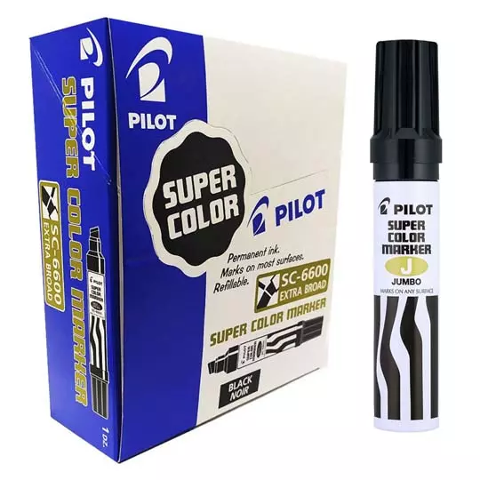 Marcador permanente Jumbo Pilot punta cincel hasta 12.5 mm, negro, caja c/12 pzs