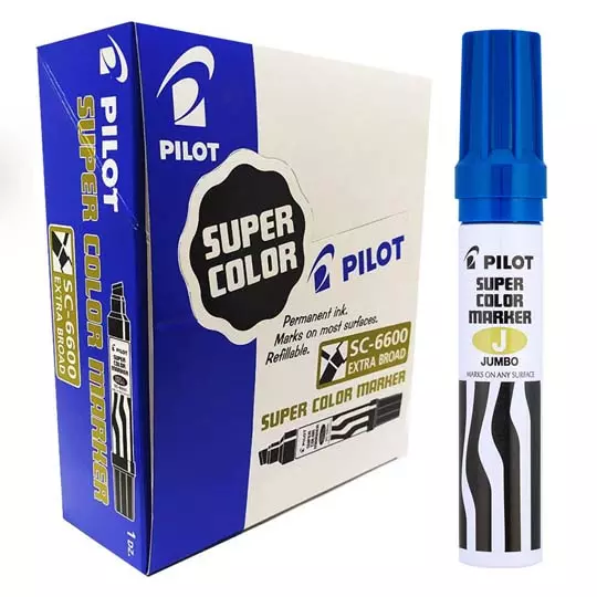 Marcador permanente Jumbo Pilot punta cincel hasta 12.5 mm, azul, caja c/12 pzs