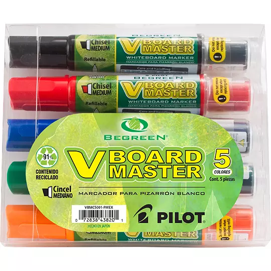 Marcador para pizarrón VBoard Pilot recargable punta cincel surtido c/5 pzs