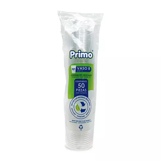 Vaso de plástico pet transparente PRIMO no. 8 caja con 20 paquetes de 50 pzas.
