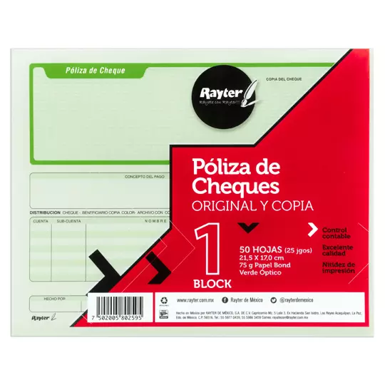 Póliza de cheque Rayter, media oficio, verde y bond blanco, block 25 juegos