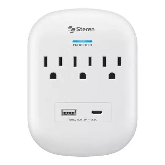 Multicontacto de pared STEREN con supresor de picos 3 salidas, carga usb y usb c