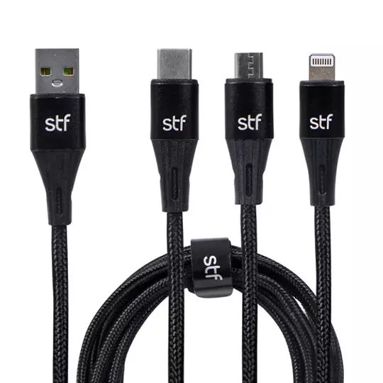 Cable 3 en 1 STF carga rápida entrada USB, C y lightning 1.8m color negro