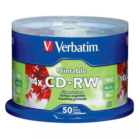 Disco Verbatim CD-RW 4x 700MB 80min, 1 torre con 50 piezas.