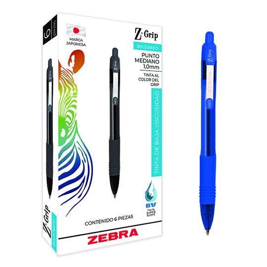 Bolígrafo retráctil ZEBRA Z Grip punto mediano 1.0 mm azul caja con 6 pz