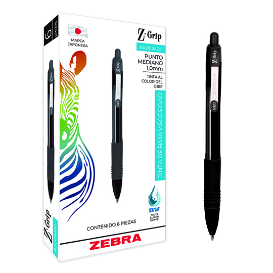 Bolígrafo retráctil ZEBRA Z Grip punto mediano 1.0 mm negro caja con 6 pz
