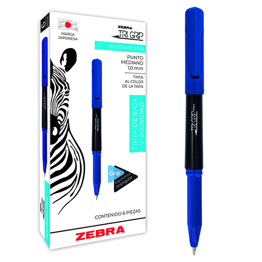 Bolígrafo stick ZEBRA Tri-grip punto mediano 1.0 mm color azul caja con 6 pz