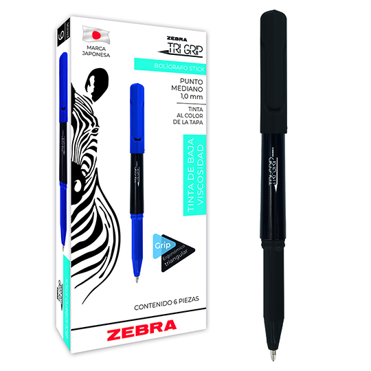 Bolígrafo ZEBRA TRI-GRIP punto mediano 1.0 mm color negro caja con 6 pz