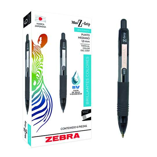 Bolígrafo retráctil ZEBRA Z Grip Mini punto mediano 1.0 mm negro caja con 6 pz