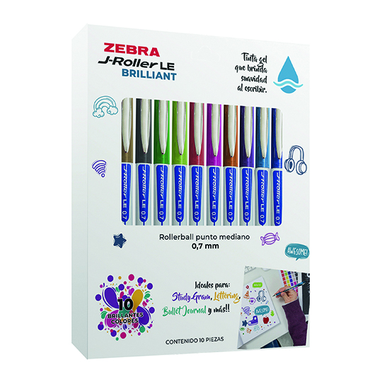 Bolígrafo de gel ZEBRA J-Roller LE BRILLIANT mediano 0.7 mm estuche c/10 colores