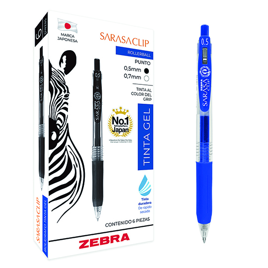 Bolígrafo de gel ZEBRA Sarasa clip punto fino azul caja con 6 pz