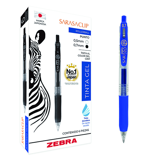 Bolígrafo de gel ZEBRA Sarasa clip punto mediano azul caja con 6 pz