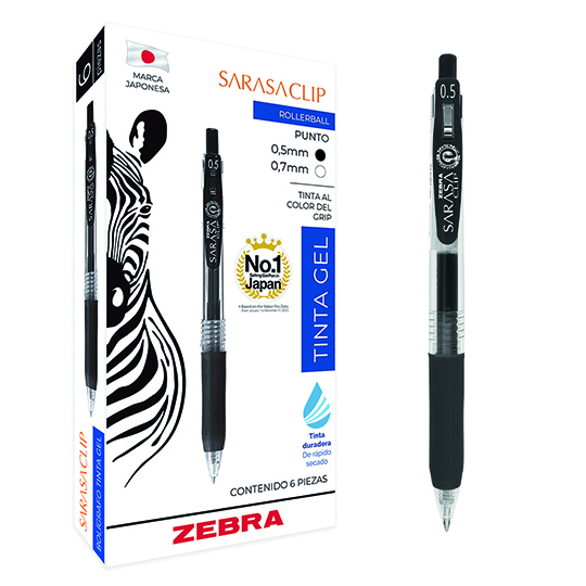 Bolígrafo de gel ZEBRA Sarasa clip punto fino negro caja con 6 pz