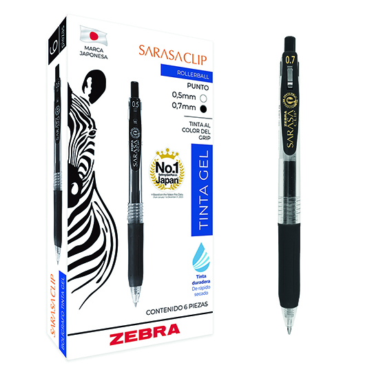 Bolígrafo de gel ZEBRA Sarasa clip punto mediano negro caja con 6 pz
