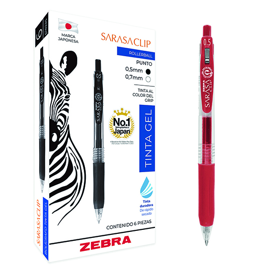 Bolígrafo de gel ZEBRA Sarasa clip punto fino rojo caja con 6 pz