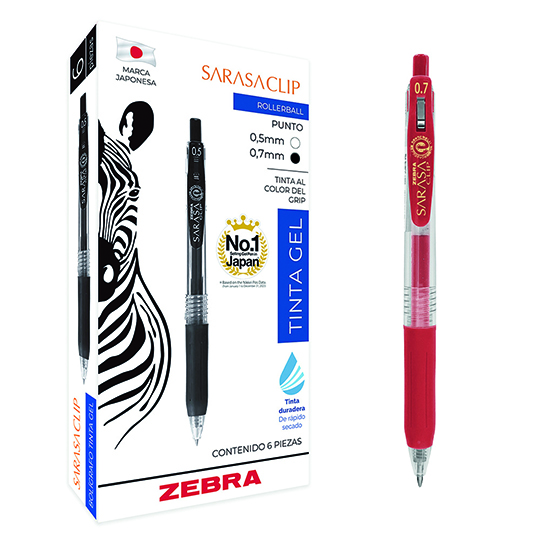 Bolígrafo de gel ZEBRA Sarasa clip punto mediano rojo caja con 6 pz