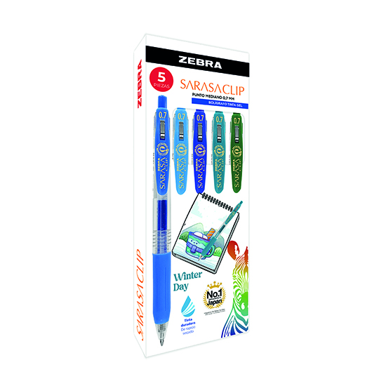 Bolígrafo de gel ZEBRA Sarasa clip mediano Winter Day caja con 5 pz