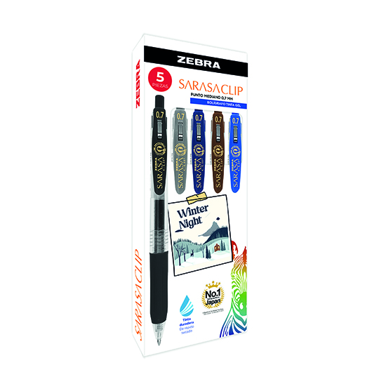 Bolígrafo de gel ZEBRA Sarasa clip mediano Winter night caja con 5 pz