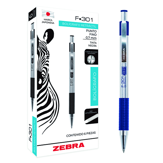 Bolígrafo ZEBRA F-301 punto fino 0.7 mm azul caja con 6 pz