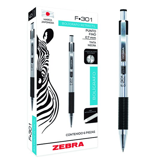 Bolígrafo ZEBRA F-301 punto fino 0.7 mm color negro caja con 6 pz