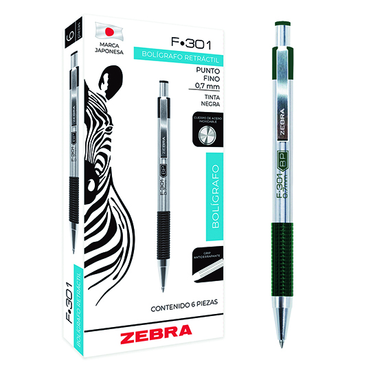 LM-Bolígrafo ZEBRA F-301 punto fino 0.7 mm color verde caja con 6 pz