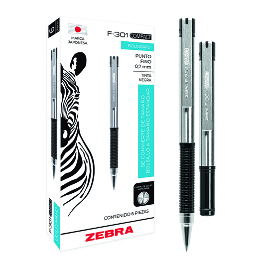 LM-Bolígrafo ZEBRA F-301 COMPACT punto fino 0.7 mm negro caja con 6 pz