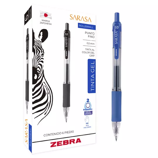 Bolígrafo de gel ZEBRA SARASA punto fino 0.5 mm color azul caja con 6 pz