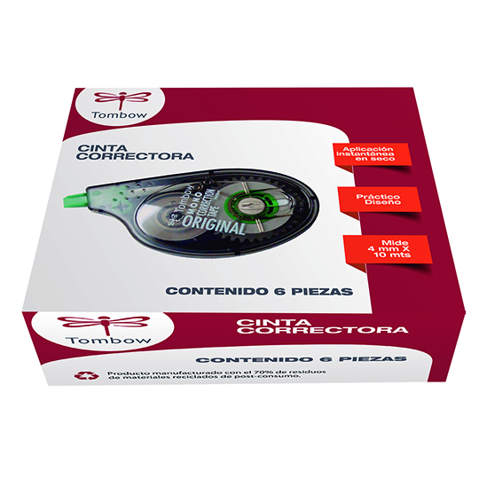 Corrector en cinta Tombow 4 mm x 10 mts caja con 6 pz