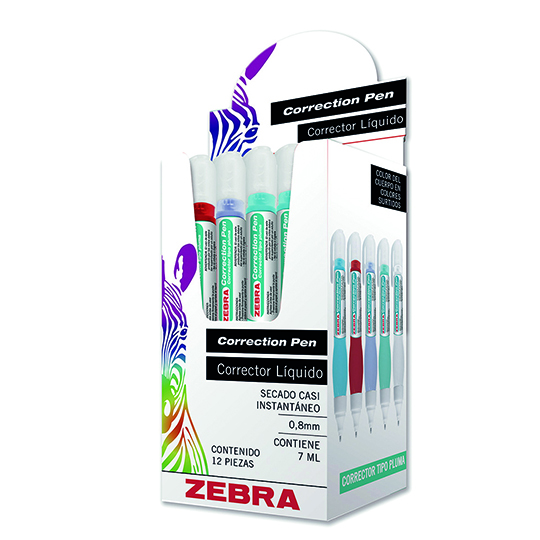Corrector liquido en pluma ZEBRA punto 0.8 mm de 7 ml caja con 12 pz