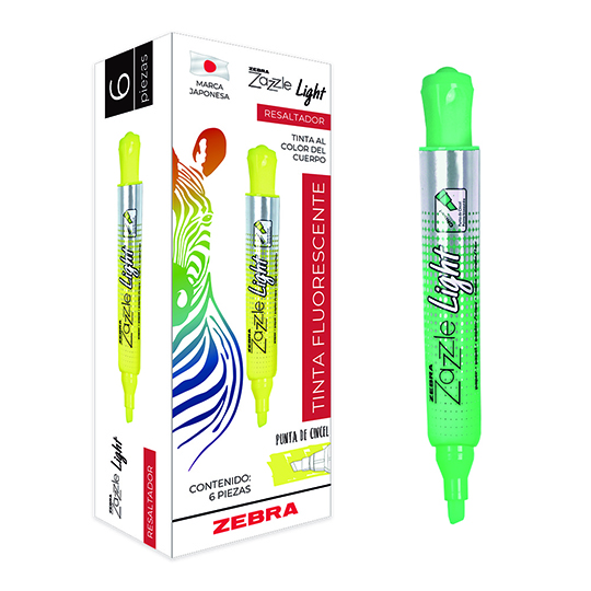 Resaltador ZEBRA Zazzle light fluorescente color verde caja con 6 pz