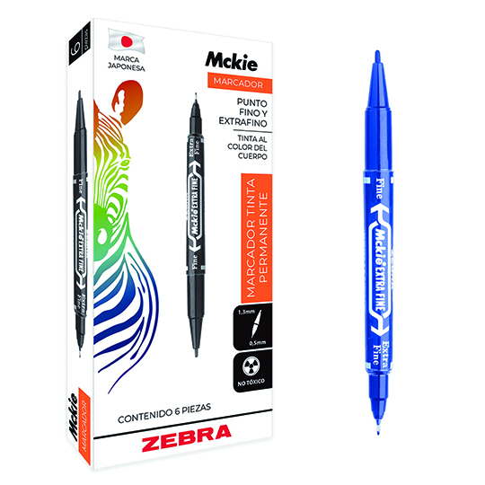 Marcador permanente ZEBRA doble punta Mckie azul caja con 6 pz