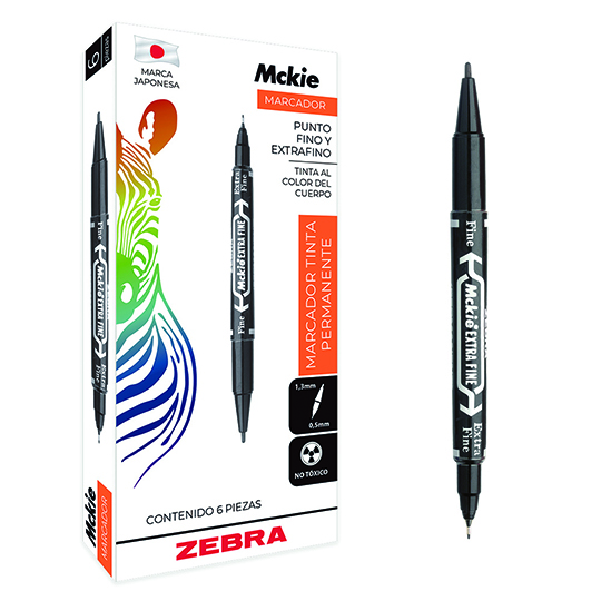 Marcador permanente ZEBRA doble punta Mckie negro caja con 6 pz