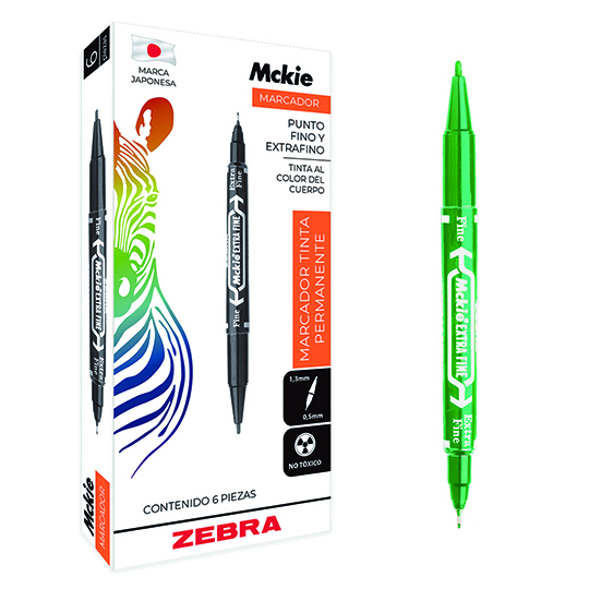 Marcador permanente ZEBRA doble punta Mckie verde caja con 6 pz