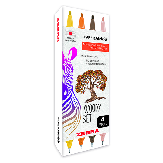 LM-Marcador ZEBRA doble punta PAPER Mckie Woody set estuche con 4 pz