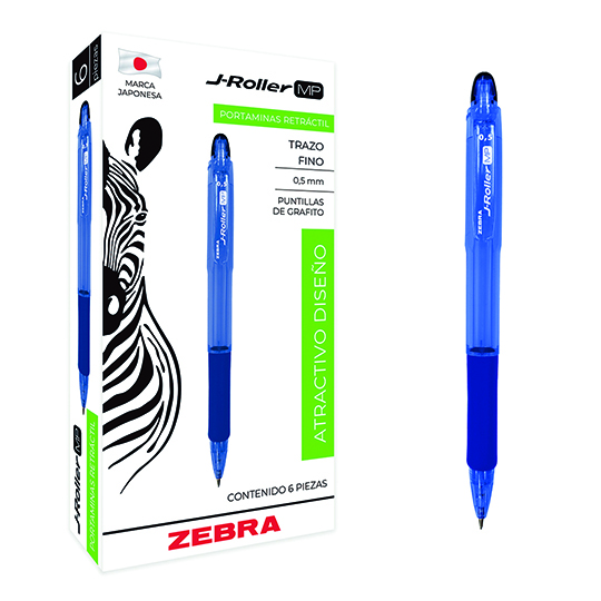 Portaminas ZEBRA J-Roller MP punto fino 0.5 mm cuerpo azul caja con 6 pz