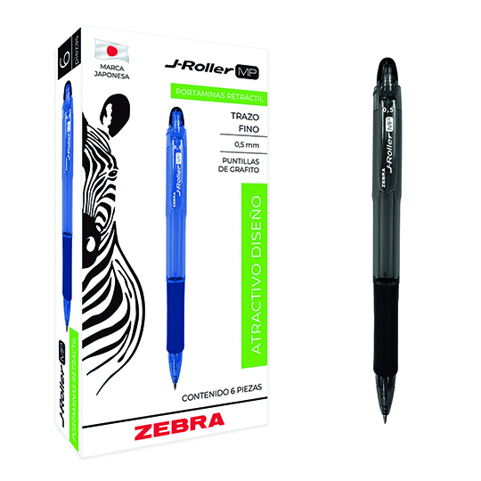 Portaminas ZEBRA J-Roller punto mediano 0.5 mm negro caja con 6 pz