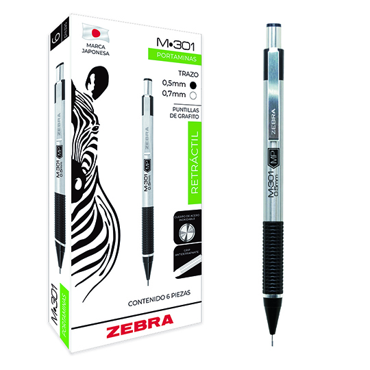 Portaminas ZEBRA M-301 punto fino 0.5 mm color de cuerpo negro caja con 6 pz