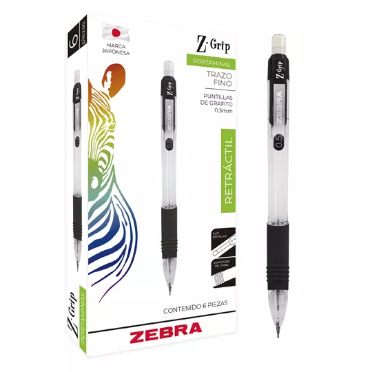 Portaminas ZEBRA Z Grip punto fino 0.5 mm color de cuerpo negro caja con 6 pz