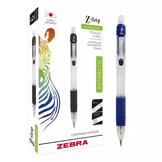 Portaminas ZEBRA Z Grip punto fino 0.5 mm color de cuerpo azul caja con 6 pz