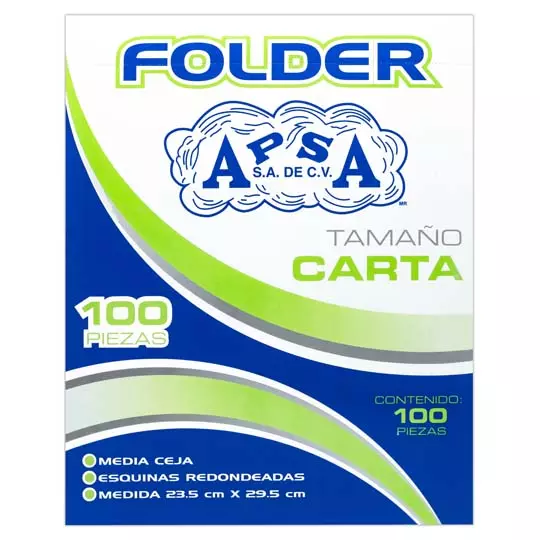 Folder verde APSA tamaño carta  , paquete con 100  piezas