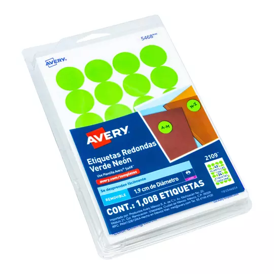 Etiqueta redonda removible verde neon AVERY con tecnología laser/inkjet