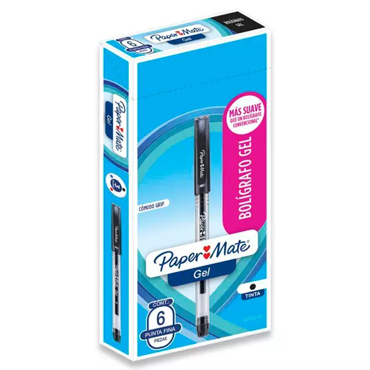 Boligrafo económico gel Paper Mate negro punto fino caja con 6 piezas