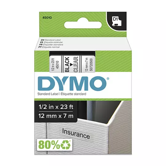 Cinta DYMO para rotulado negro con fondotransparente 12 mm x7 m 1 pieza